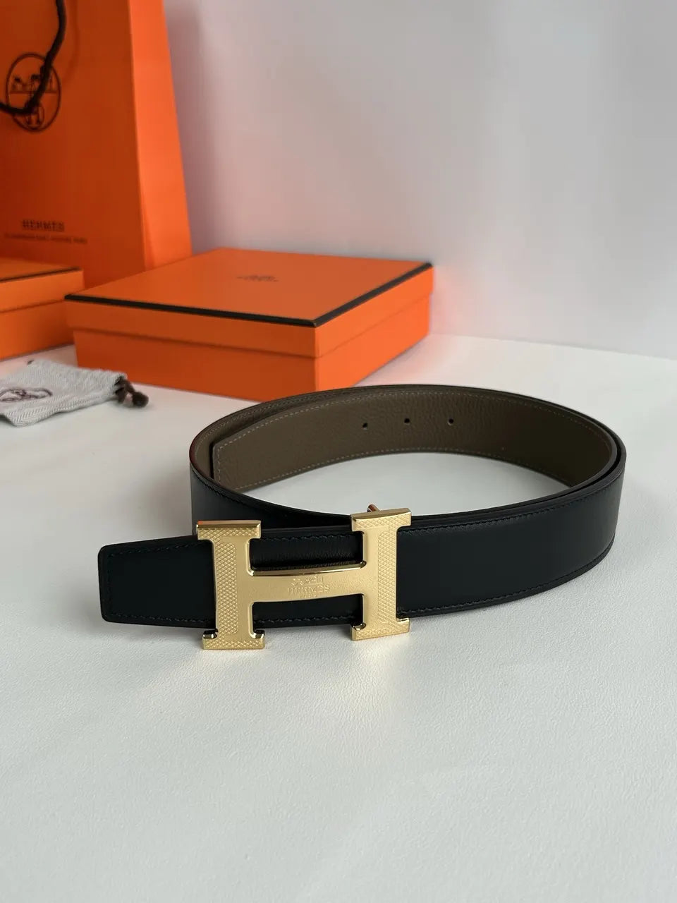 silver Hermes Olive Green Leather Belt - Hình 5