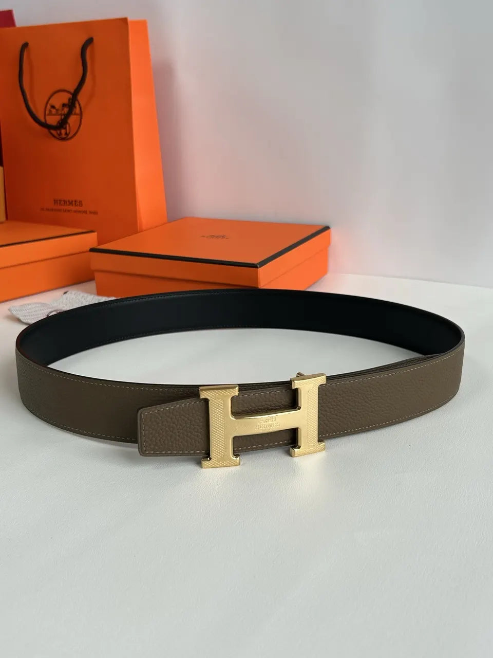 silver Hermes Olive Green Leather Belt - Hình 6