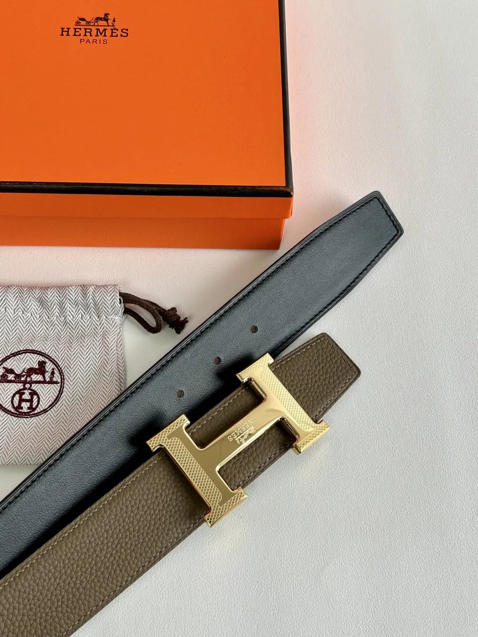 silver Hermes Olive Green Leather Belt - Hình 7