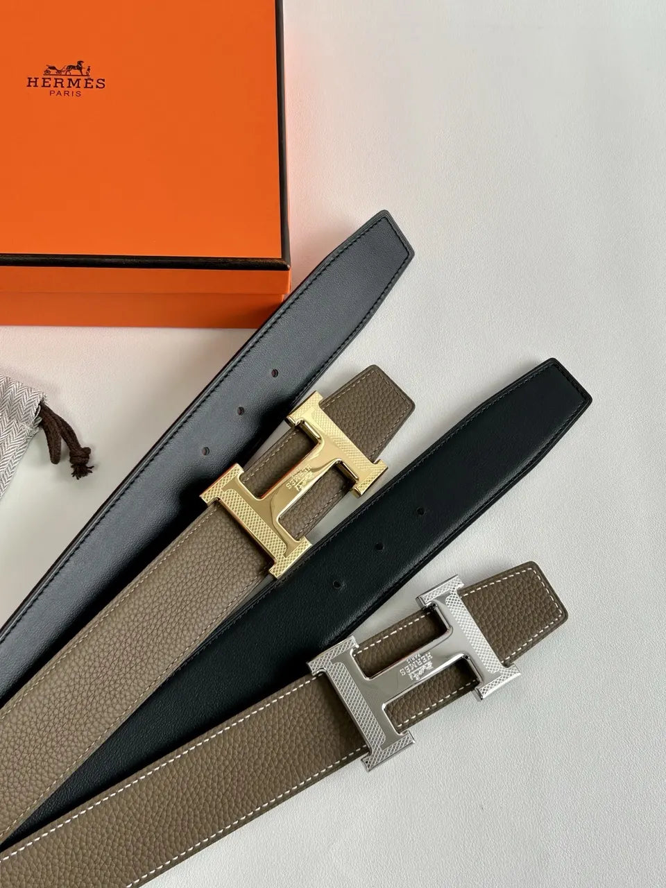 silver Hermes Olive Green Leather Belt - Hình 8