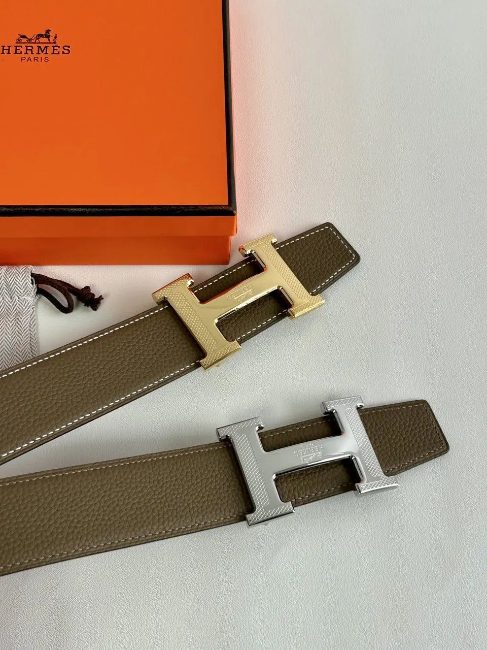 gold Hermes Taupe Black Reversible Belt