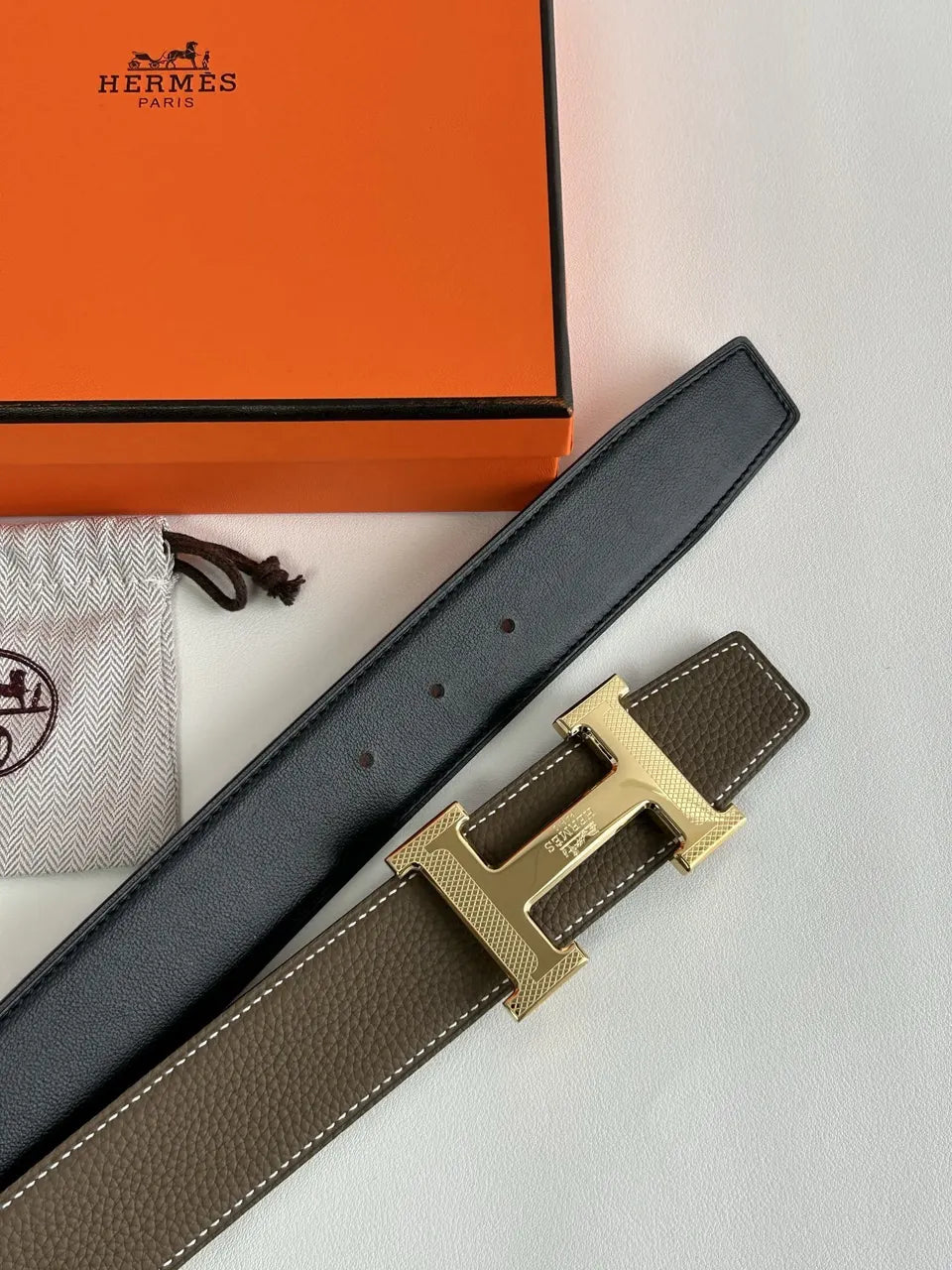 gold Hermes Taupe Black Reversible Belt - Hình 2
