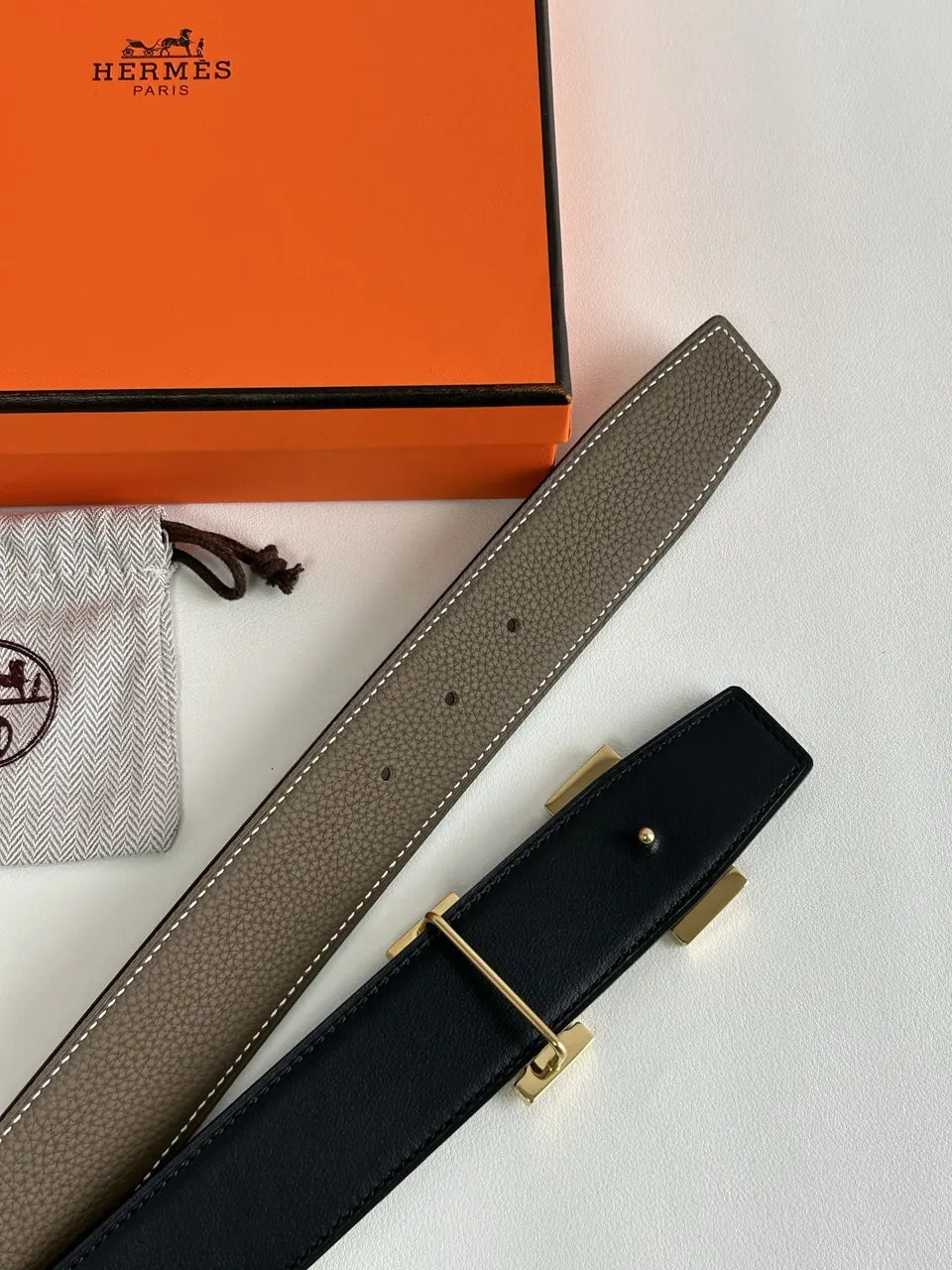 gold Hermes Taupe Black Reversible Belt - Hình 3