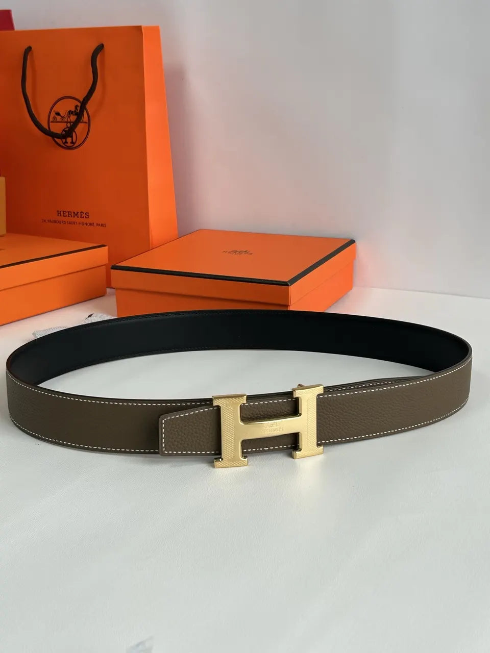gold Hermes Taupe Black Reversible Belt - Hình 5