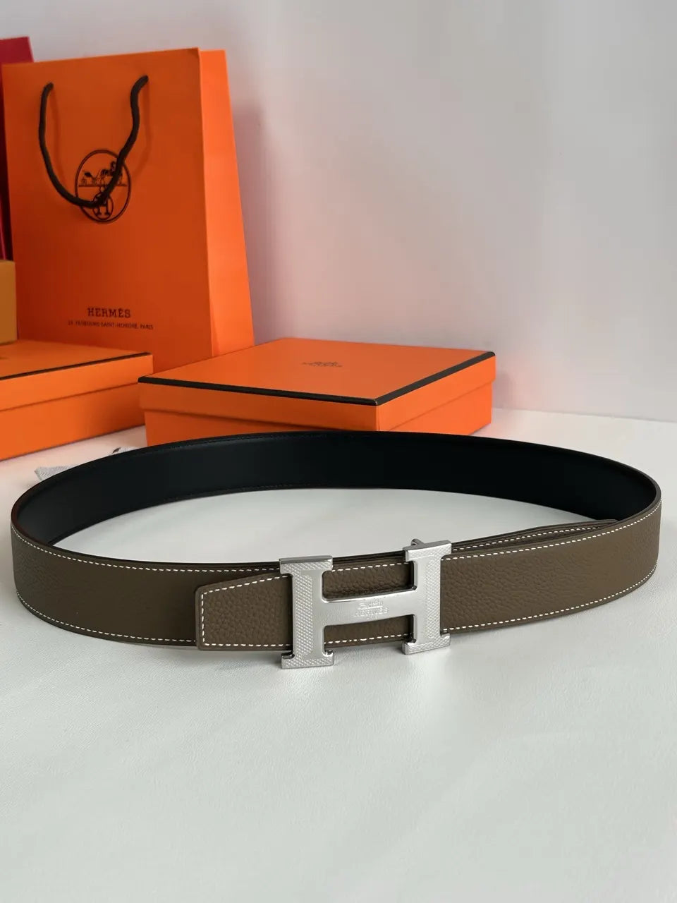 gold Hermes Taupe Black Reversible Belt - Hình 7
