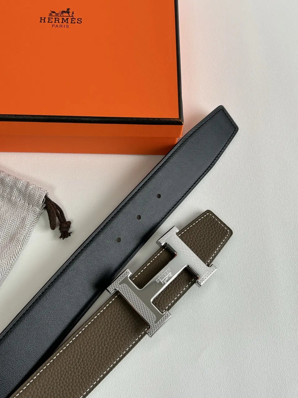 gold Hermes Taupe Black Reversible Belt - Hình 8