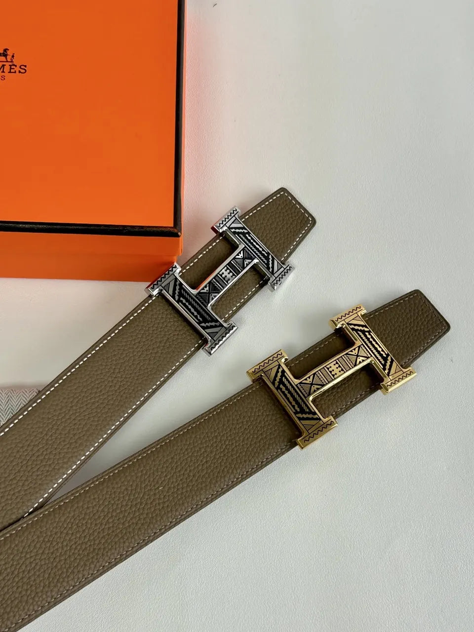 Hermes Taupe Leather Belt Aztec
