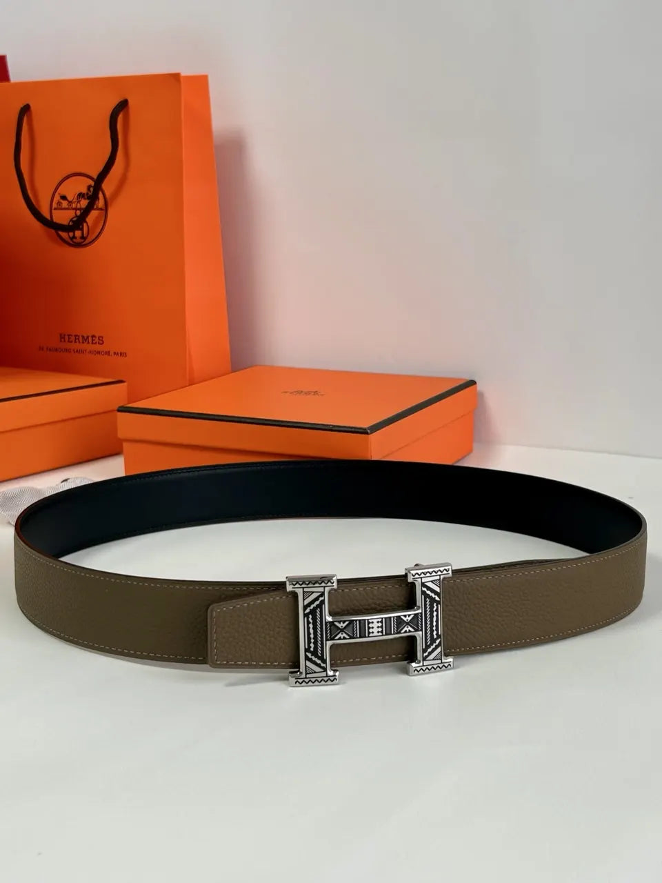 Hermes Taupe Leather Belt Aztec - Hình 6