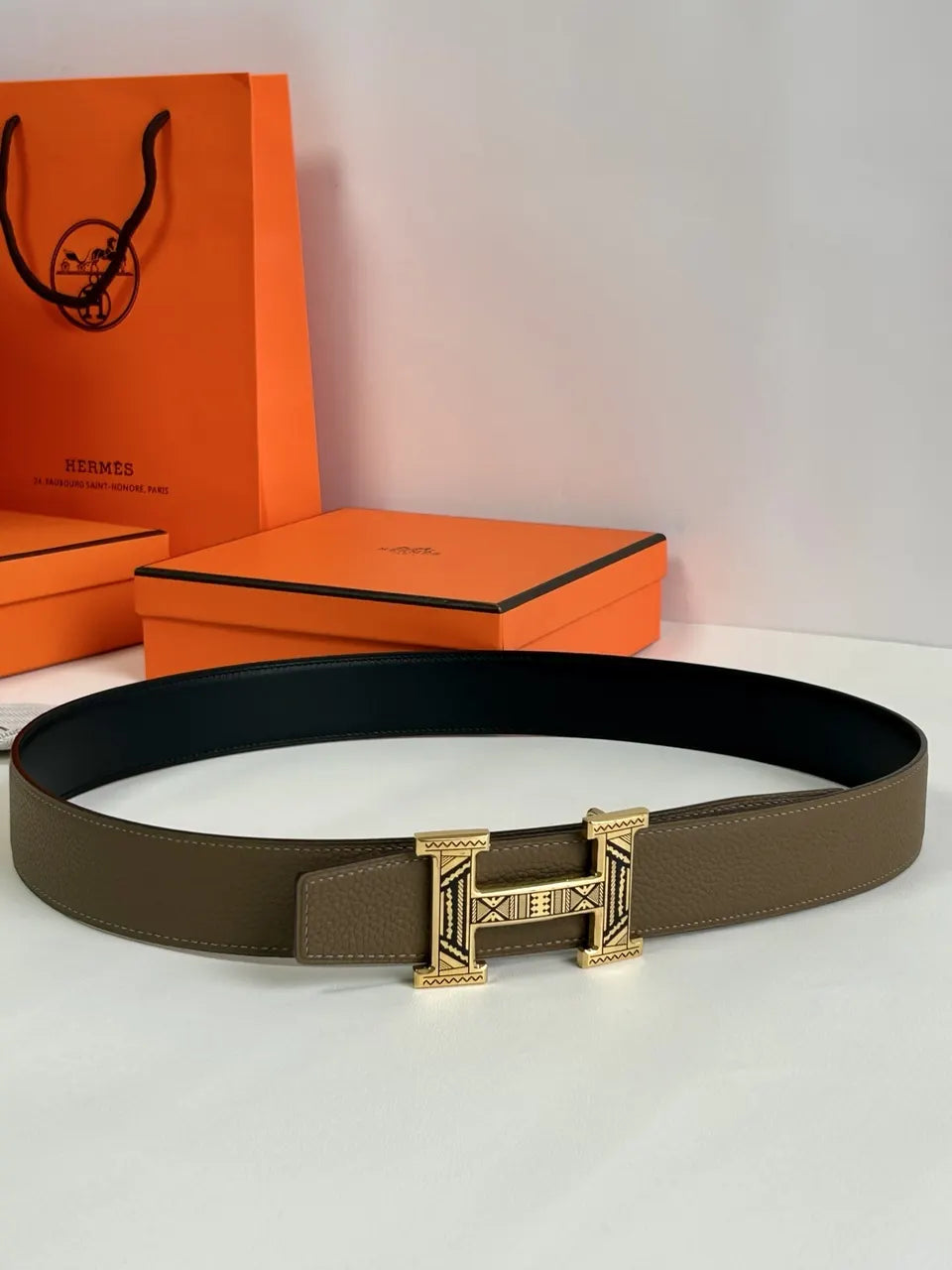 Hermes Taupe Leather Belt Aztec - Hình 7