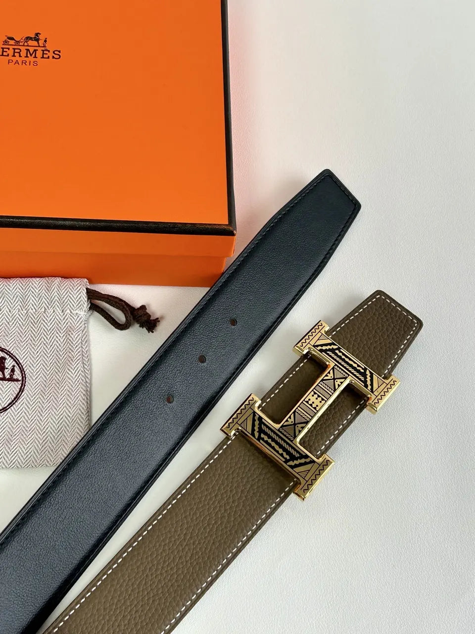 ethnic Hermes Taupe Leather Belt - Hình 2