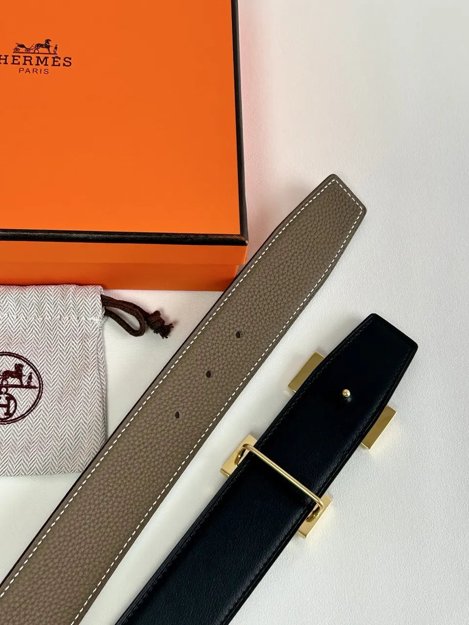 ethnic Hermes Taupe Leather Belt - Hình 3
