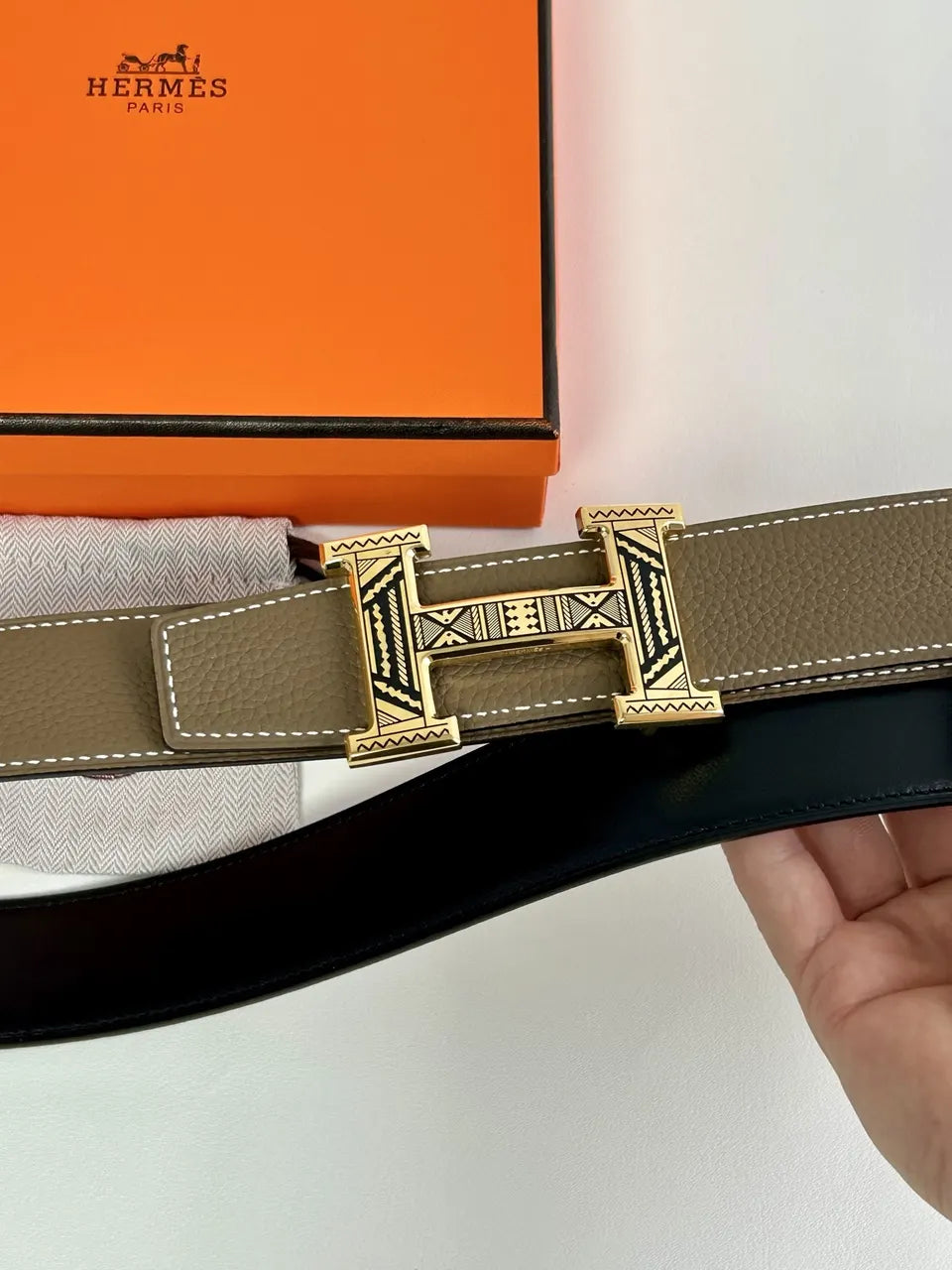 ethnic Hermes Taupe Leather Belt - Hình 4