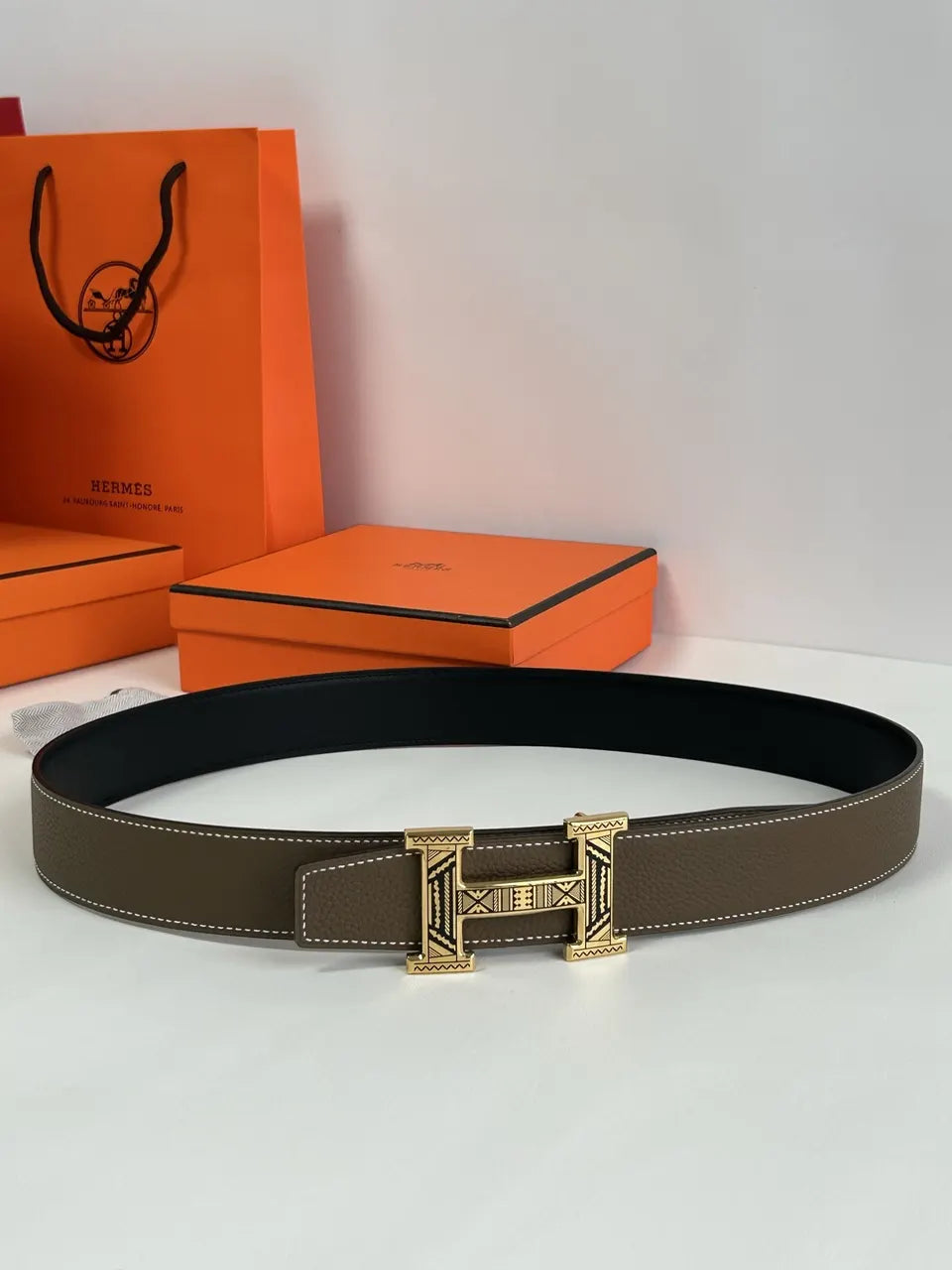 ethnic Hermes Taupe Leather Belt - Hình 5