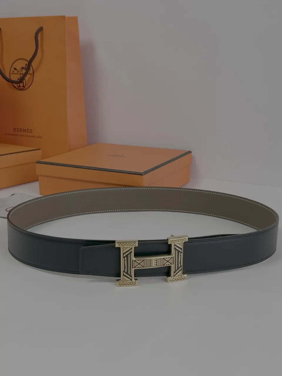 ethnic Hermes Taupe Leather Belt - Hình 6