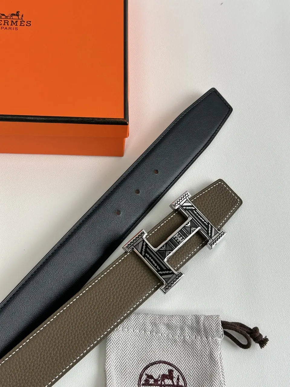 ethnic Hermes Taupe Leather Belt - Hình 7