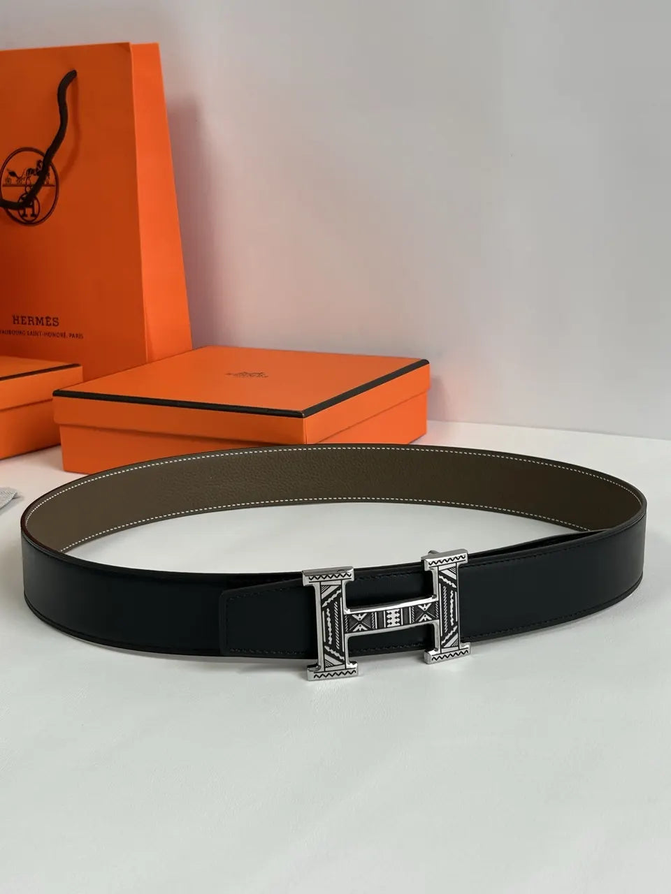 ethnic Hermes Taupe Leather Belt - Hình 9
