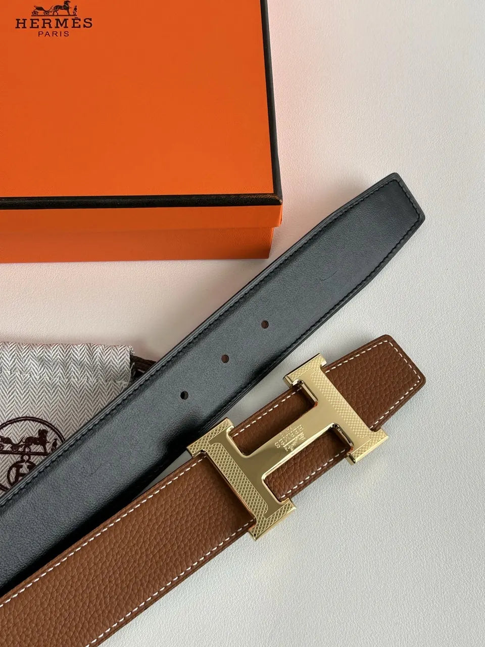 Hermes Gold H Buckle Tan/Black Leather Belt