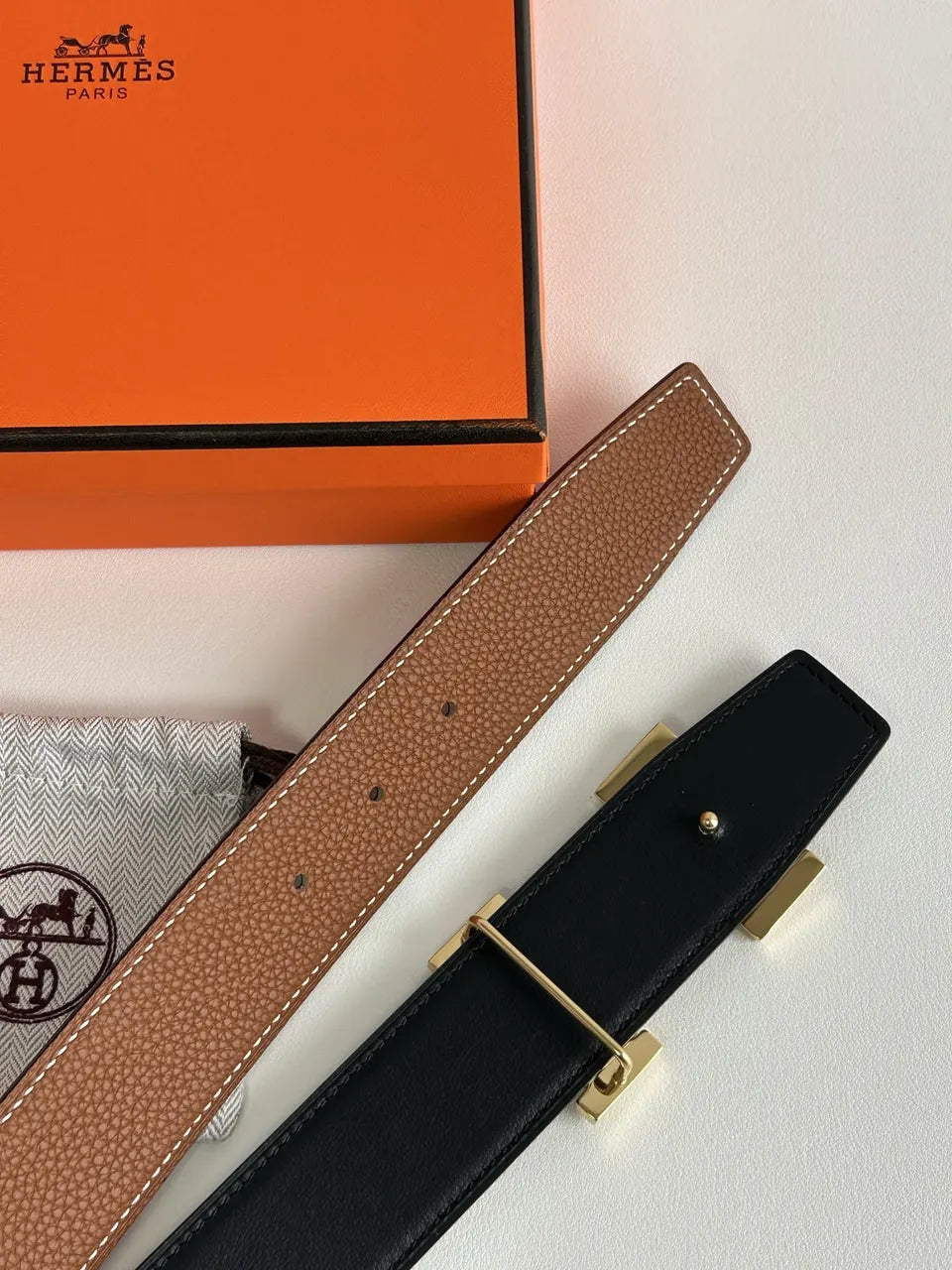 Hermes Gold H Buckle Tan/Black Leather Belt - Hình 2