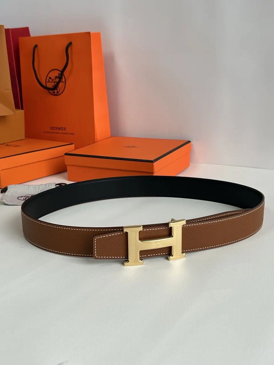 Hermes Gold H Buckle Tan/Black Leather Belt - Hình 4