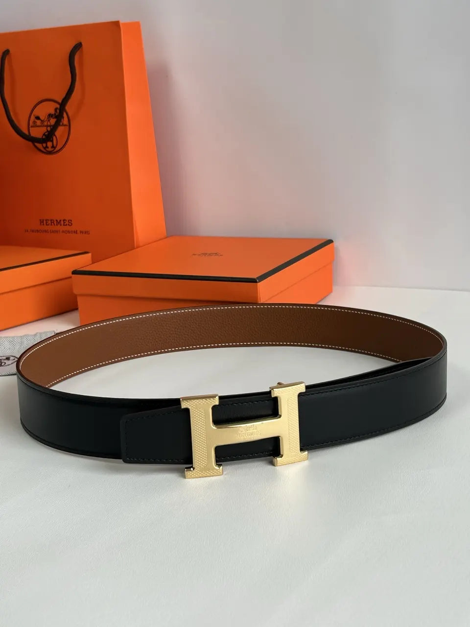 Hermes Gold H Buckle Tan/Black Leather Belt - Hình 5