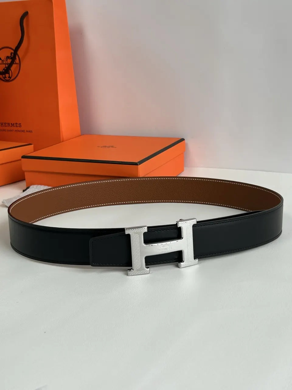 Hermes Gold H Buckle Tan/Black Leather Belt - Hình 7