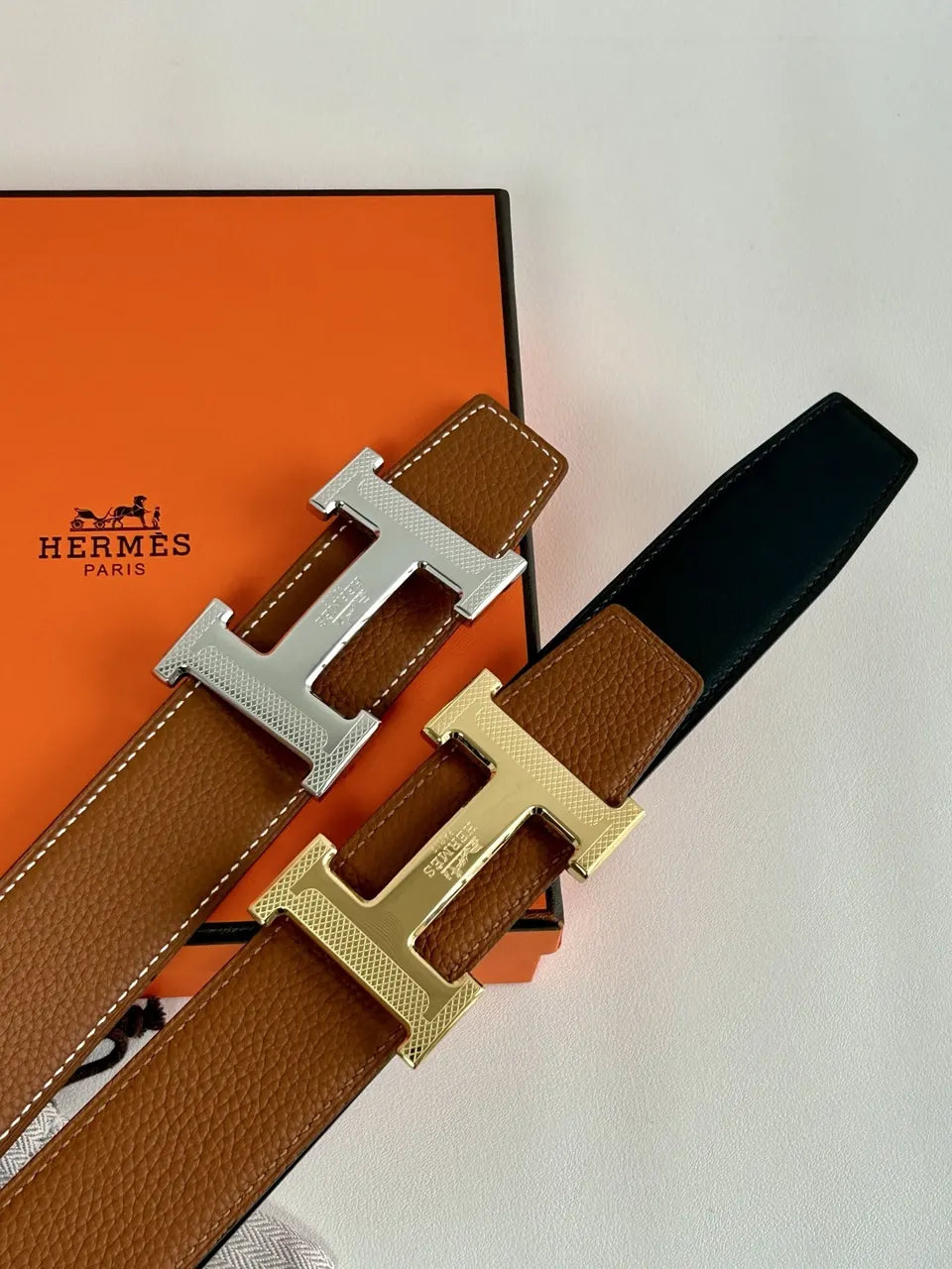 Hermes Gold H Buckle Tan/Black Leather Belt - Hình 9