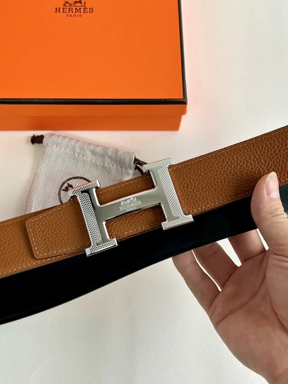 Hermes Brown Leather H Buckle Belt - Hình 4