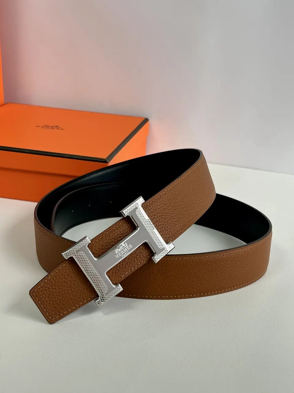 Hermes Brown Leather H Buckle Belt - Hình 5
