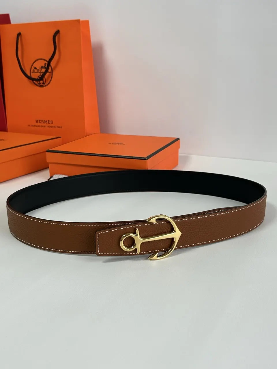 Hermes Tan Leather Anchor Buckle Belt - Hình 5