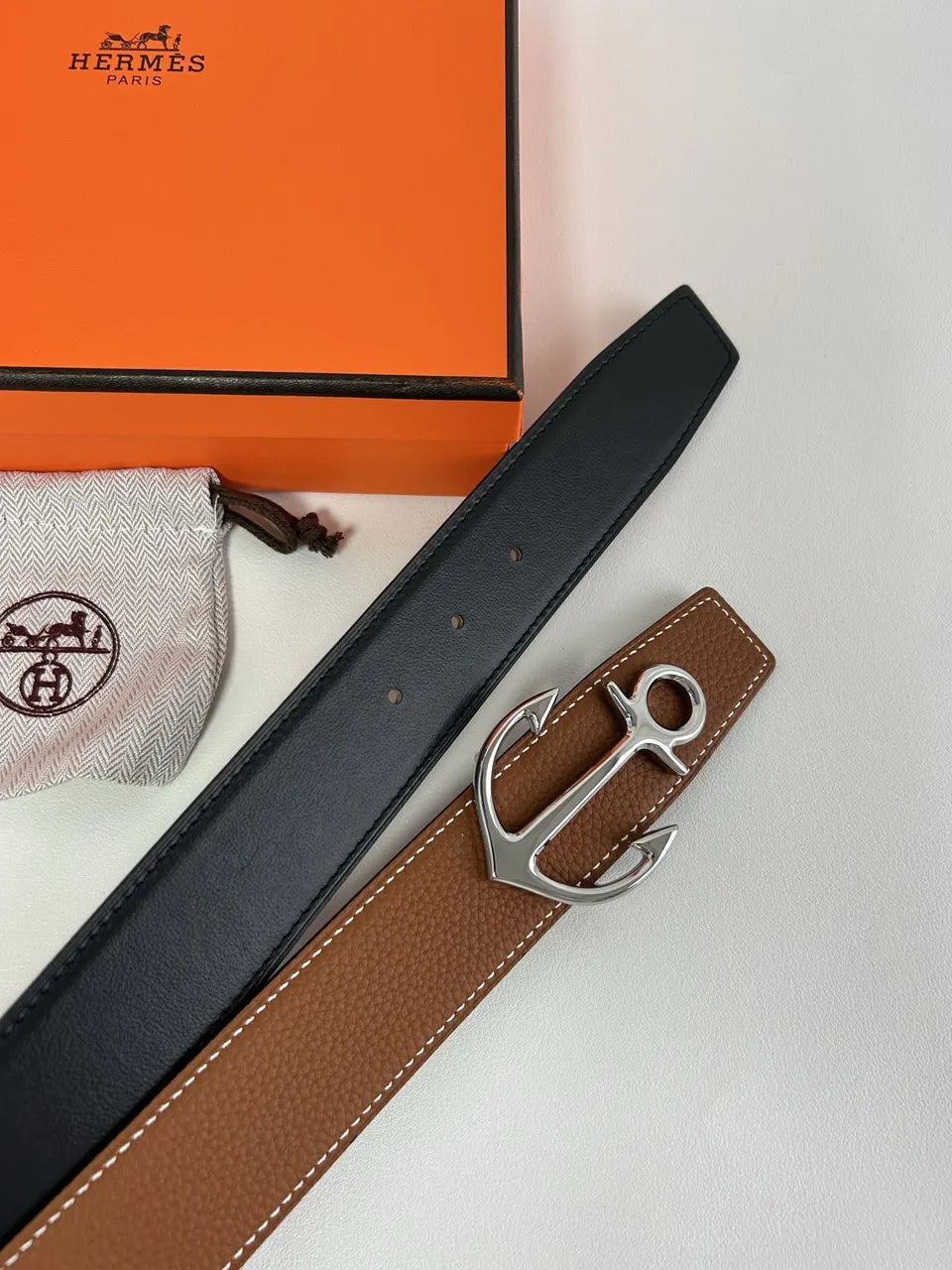Hermes Tan Leather Anchor Buckle Belt - Hình 7