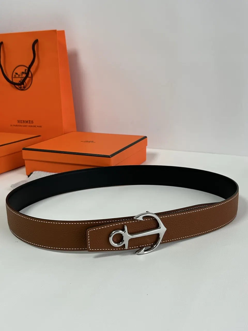 Hermes Tan Leather Anchor Buckle Belt - Hình 8