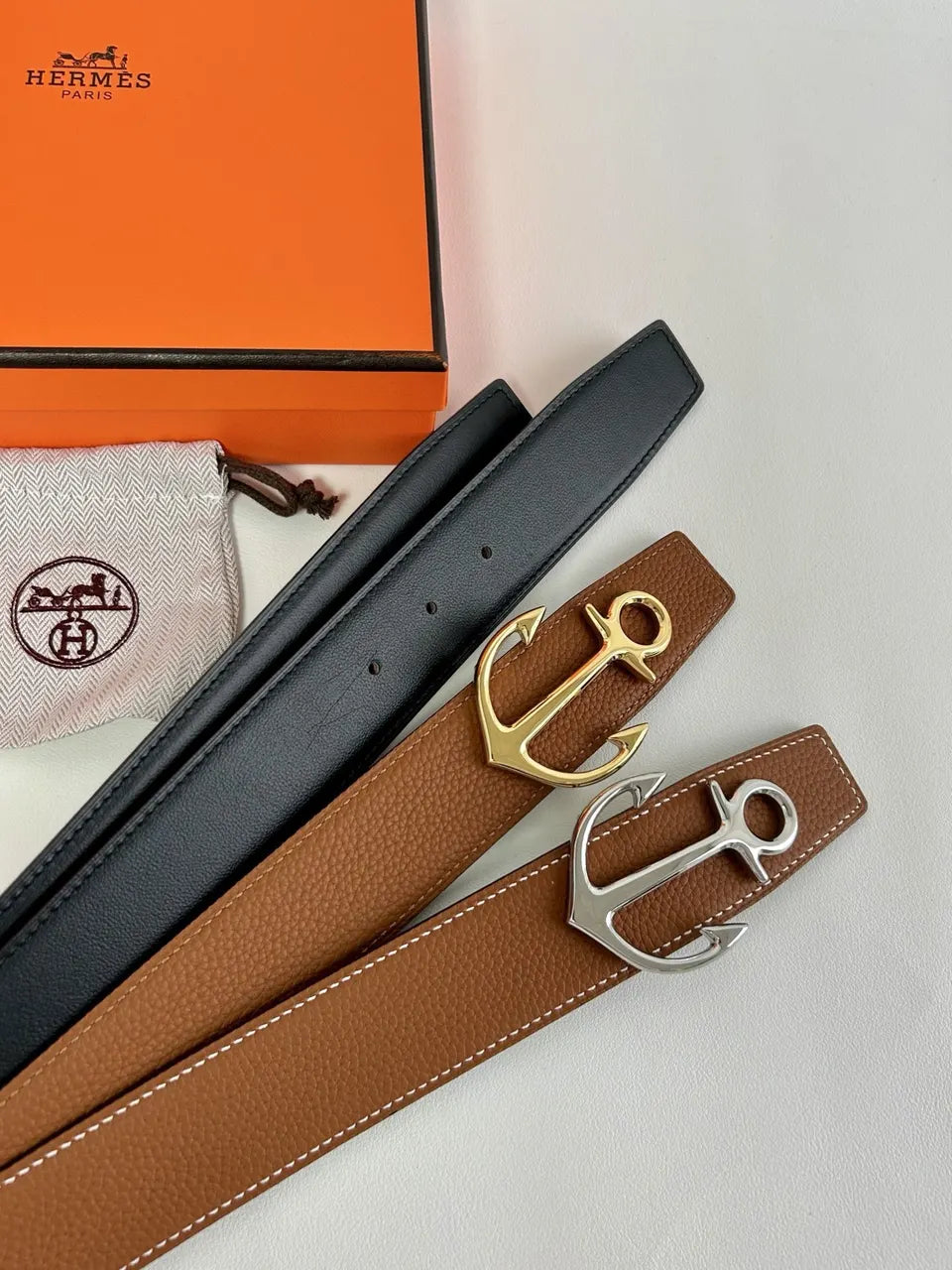 Hermes Tan Leather Anchor Buckle Belt - Hình 9