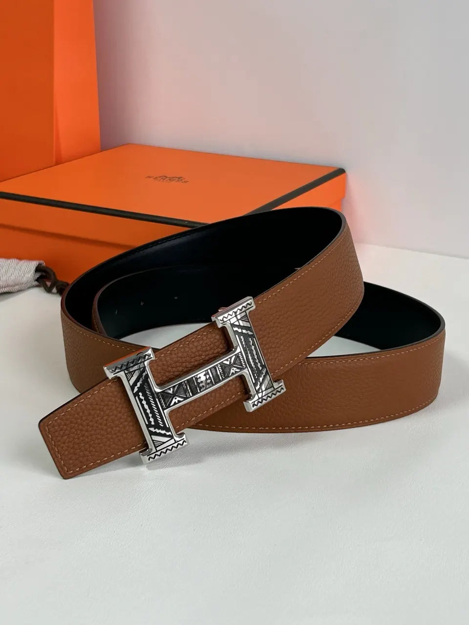 etched Hermes Tan Leather Belt - Hình 5