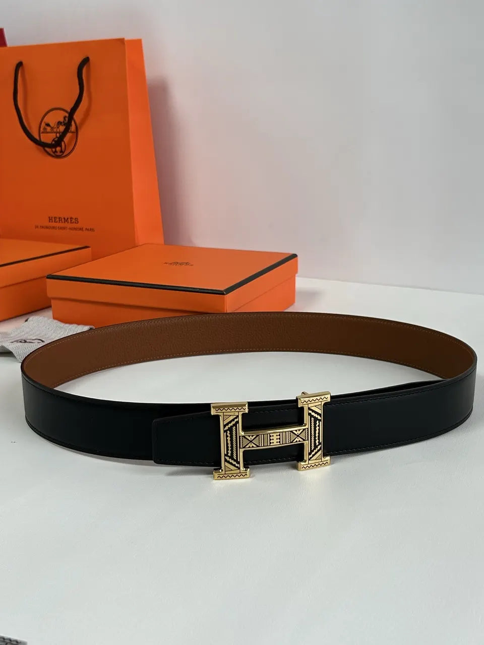 etched Hermes Tan Leather Belt - Hình 7