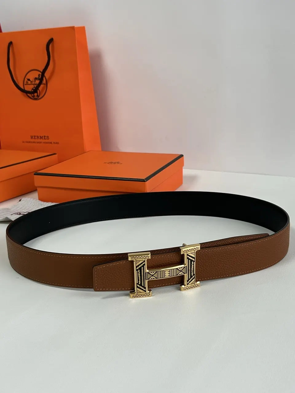etched Hermes Tan Leather Belt - Hình 8