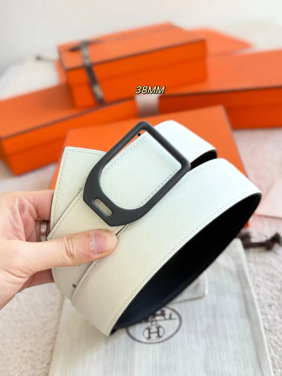 Hermès Brown & White Reversible Leather Belt - Hình 3