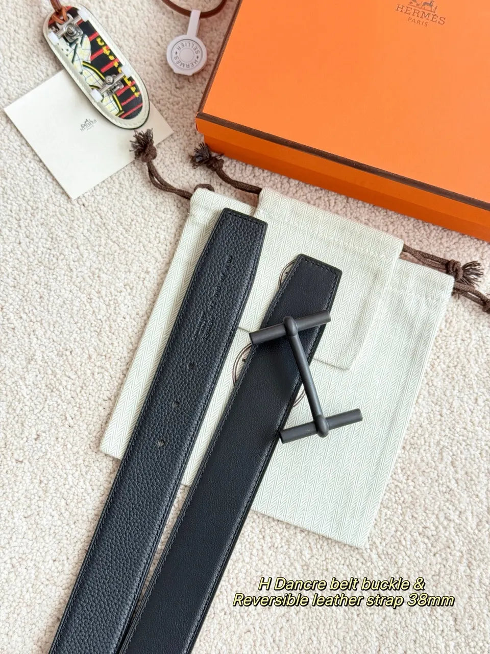 Hermes Matte Black Dancre Reversible Leather Belt 38mm