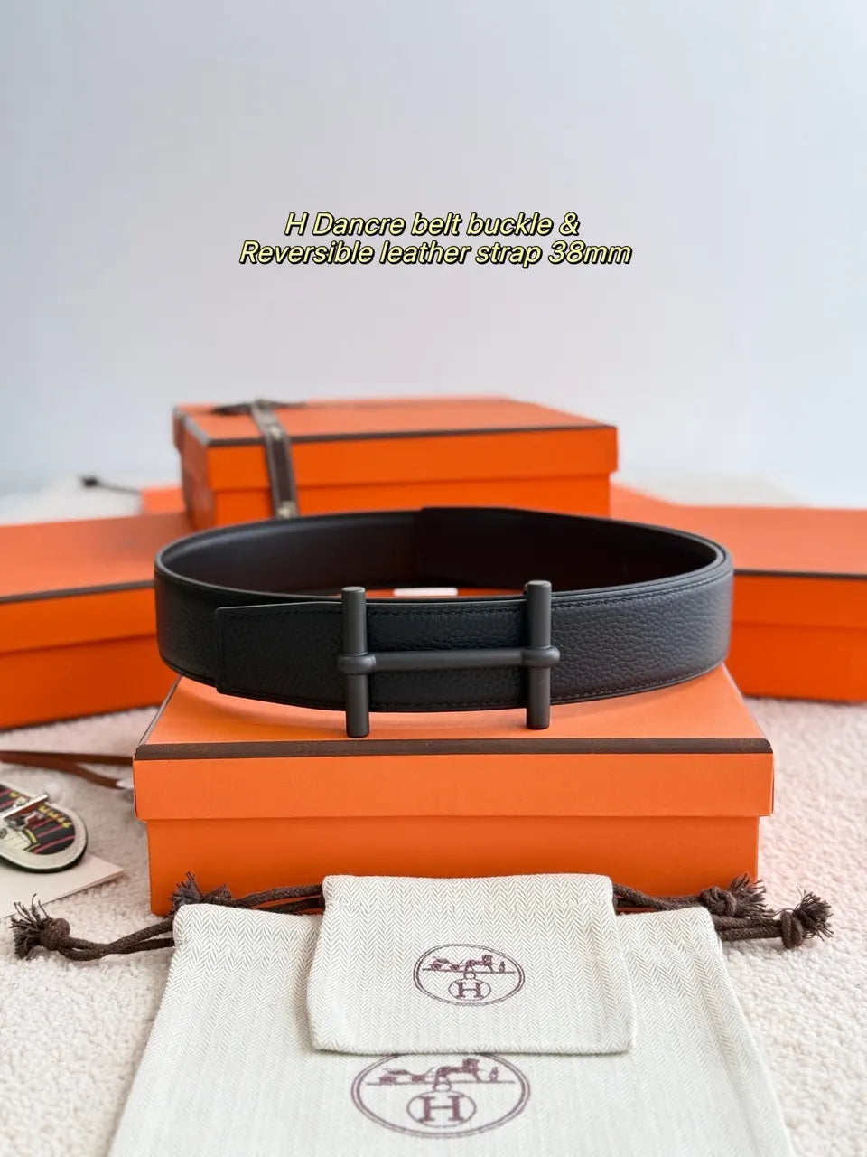 Hermes Matte Black Dancre Reversible Leather Belt 38mm - Hình 2