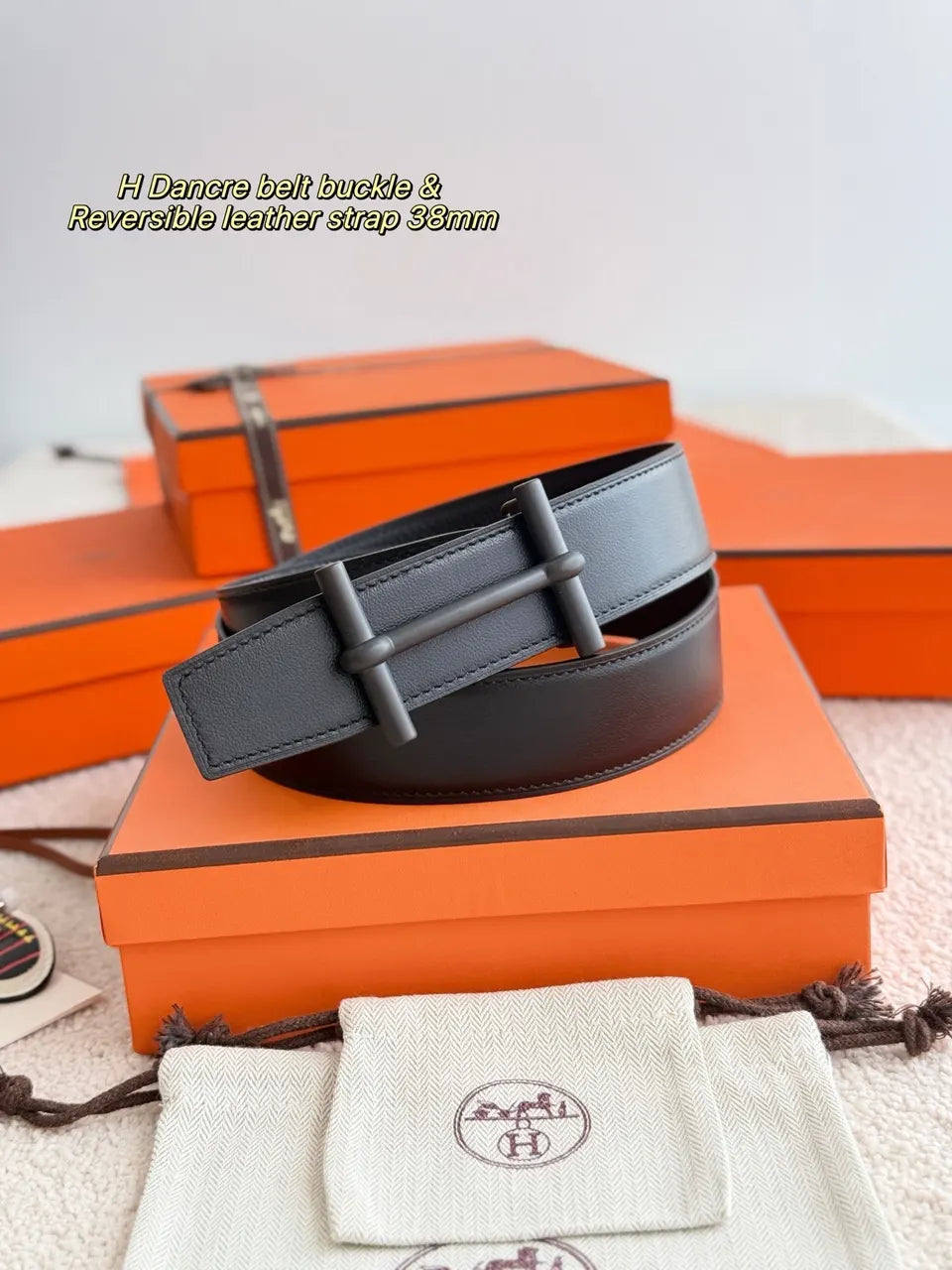Hermes Matte Black Dancre Reversible Leather Belt 38mm - Hình 3
