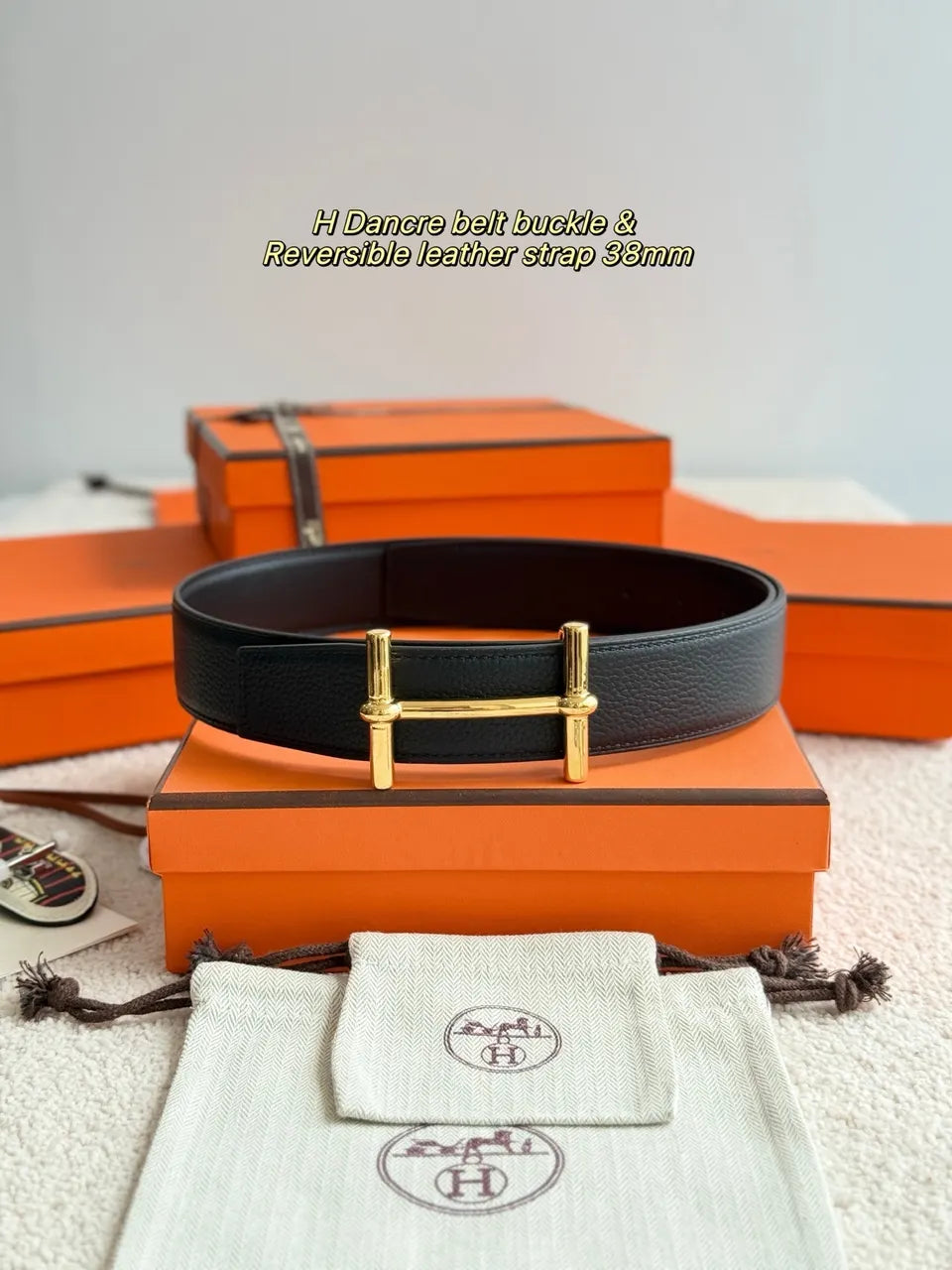 Hermes Black Leather Gold Belt - Hình 2