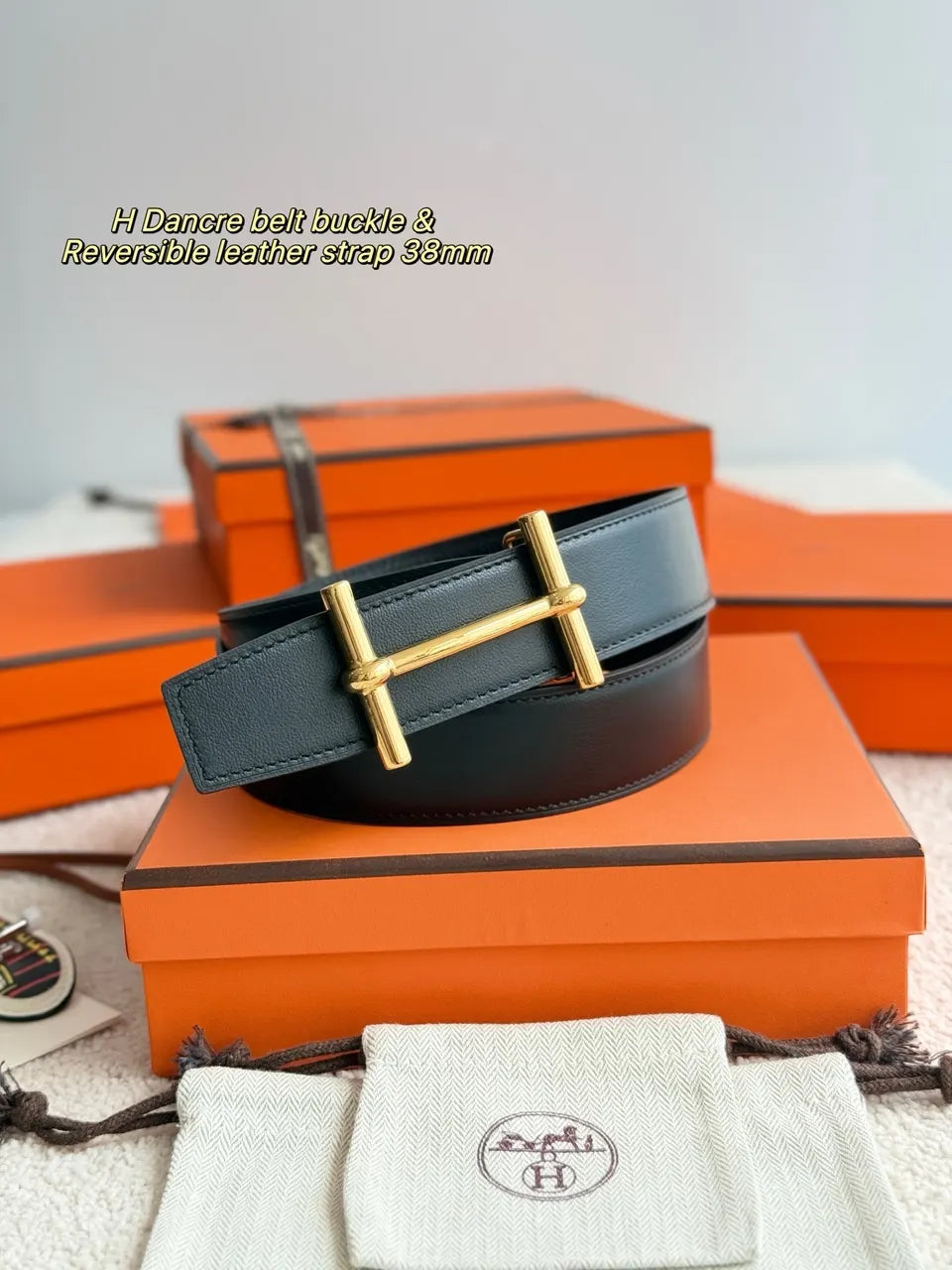 Hermes Black Leather Gold Belt - Hình 3