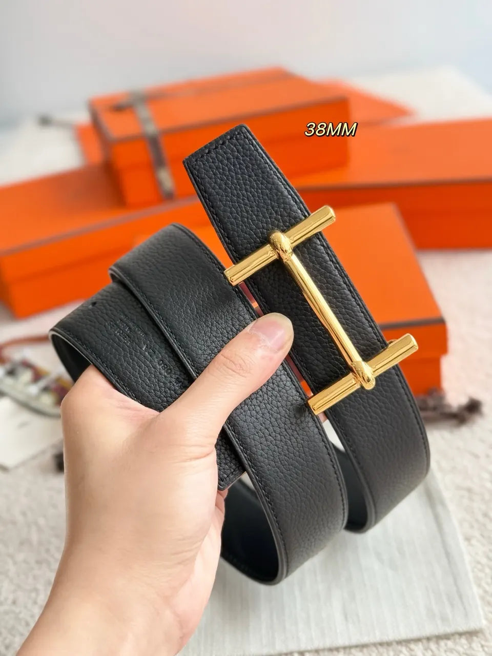 Hermes Black Leather Gold Belt - Hình 4