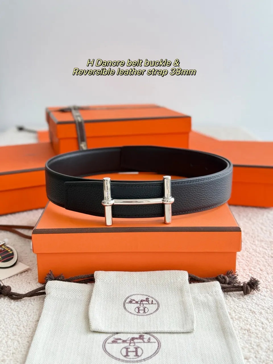 silver Hermes Black Reversible Leather Belt - Hình 2
