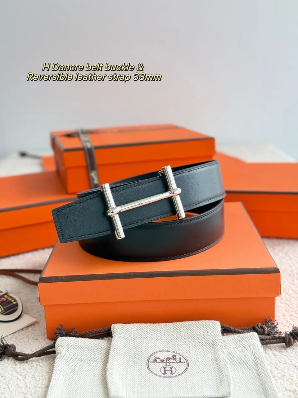 silver Hermes Black Reversible Leather Belt - Hình 3