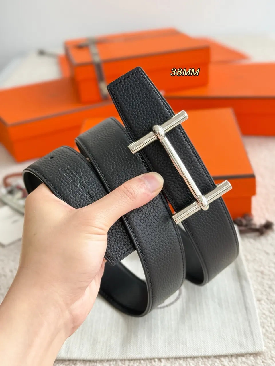 silver Hermes Black Reversible Leather Belt - Hình 4