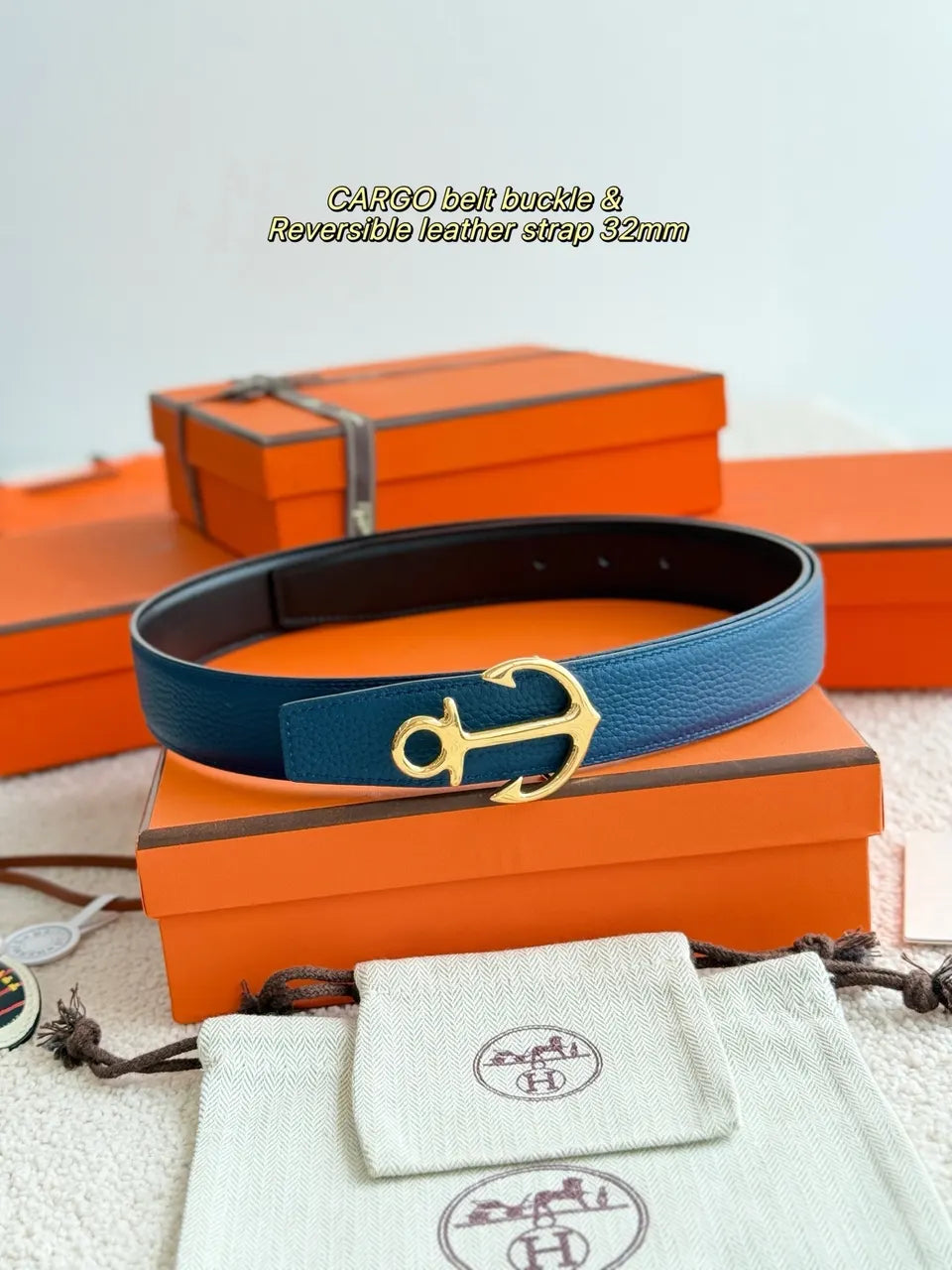 Hermes Blue Leather Anchor Belt - Hình 2