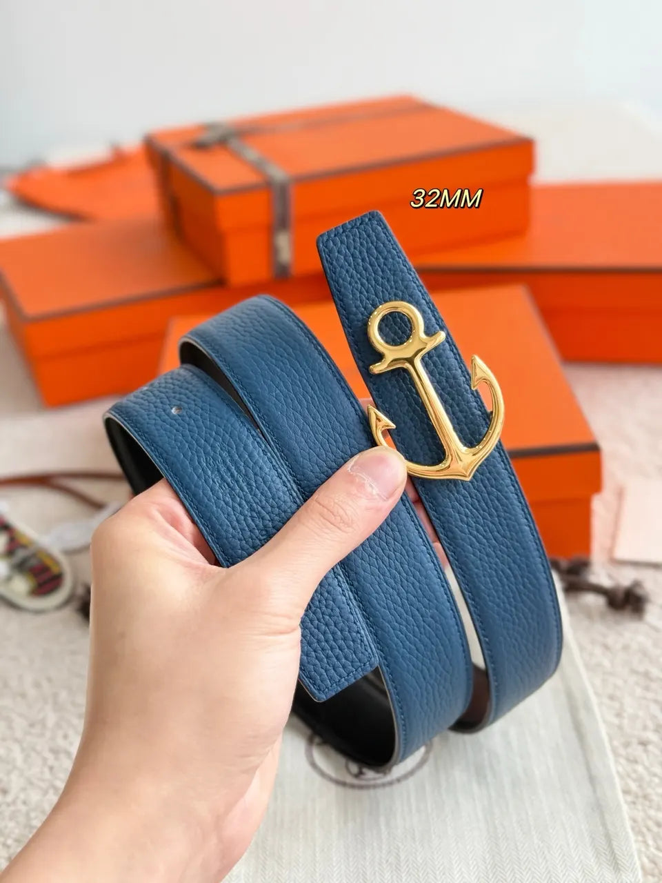 Hermes Blue Leather Anchor Belt - Hình 3