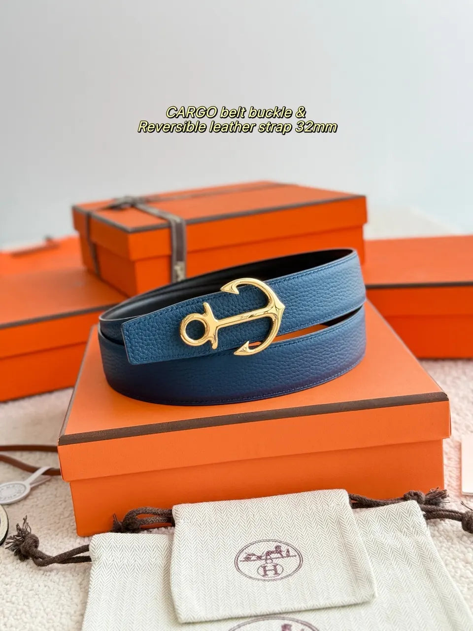 Hermes Blue Leather Anchor Belt - Hình 4