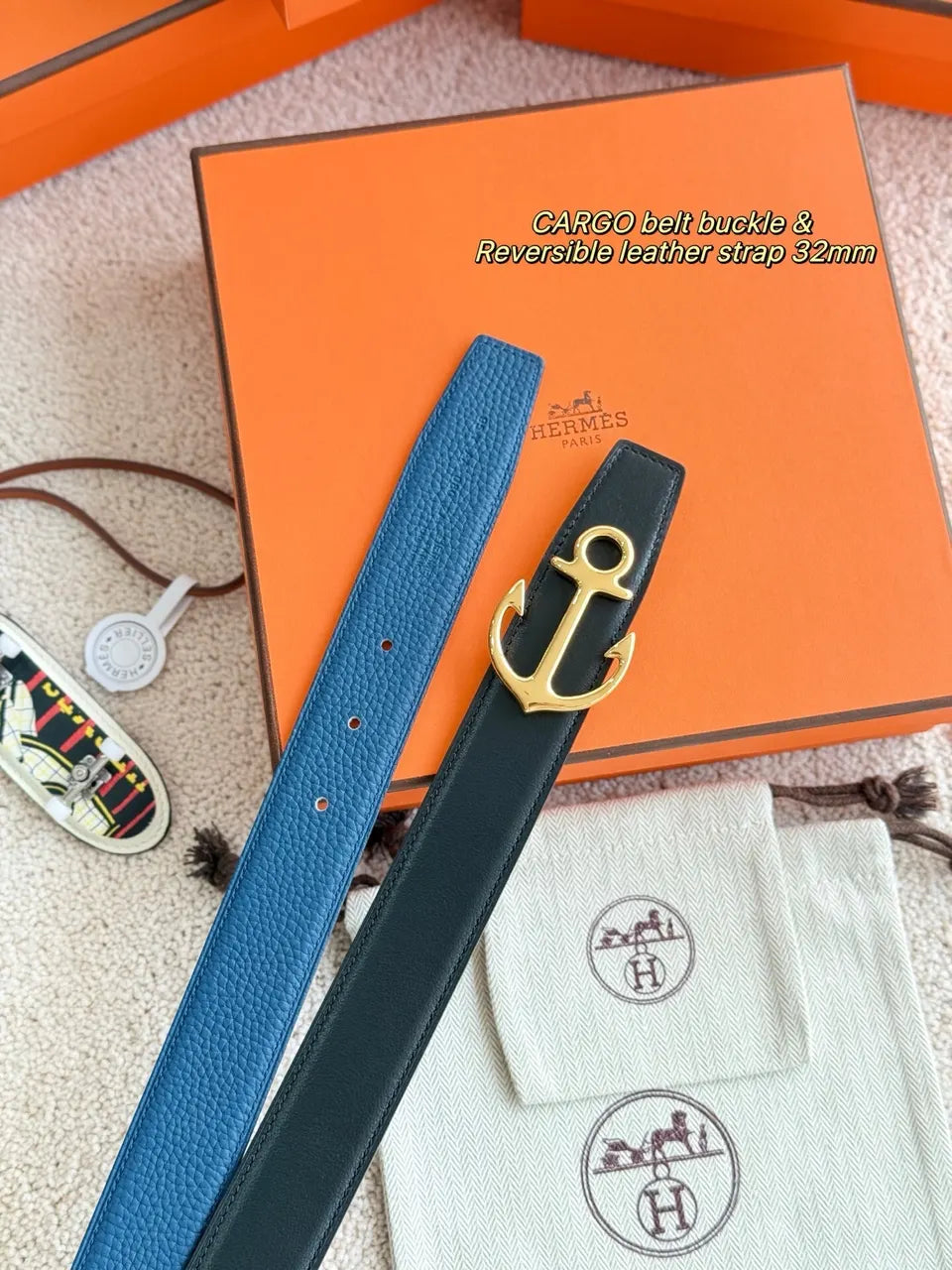 Hermes Blue Leather Anchor Belt - Hình 5