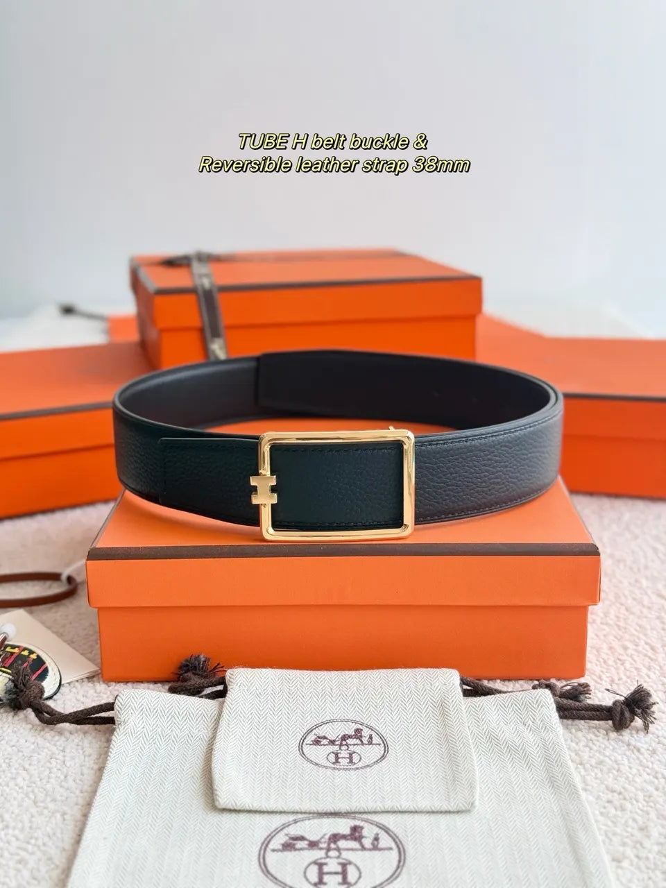 Hermes Black Tube H Leather Belt - Hình 2